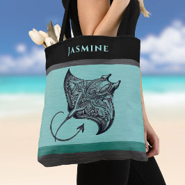 Manta Ray on Teal Faux Brushed Metal Monogrammed