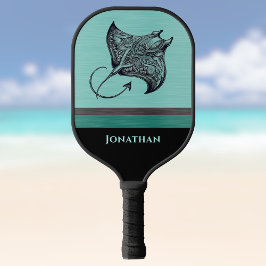 Manta Ray on Teal Faux Brushed Metal Monogrammed Pickleball Schläger