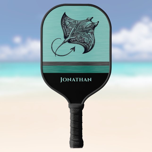 Manta Ray on Teal Faux Brushed Metal Monogrammed Pickleball Schläger (Von Creator hochgeladen)