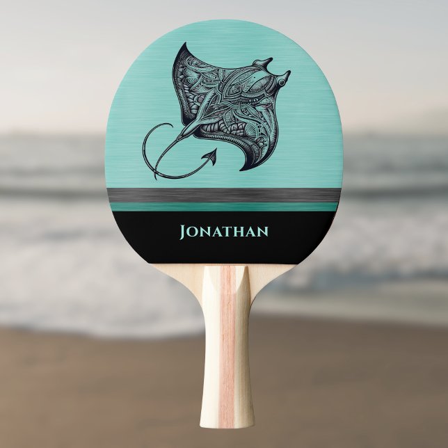 Manta Ray on Teal Faux Brushed Metal Monogrammed Tischtennis Schläger (Von Creator hochgeladen)