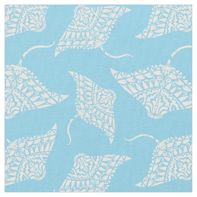 Manta Ray Pattern Tribal Tattoo Style Blau Weiß Stoff (Nahaufnahme)