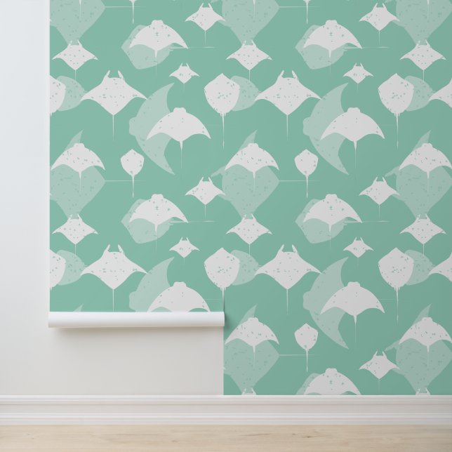 Manta Rays and Stingray Cool Blue White Ocean Tapete (Anwendung)