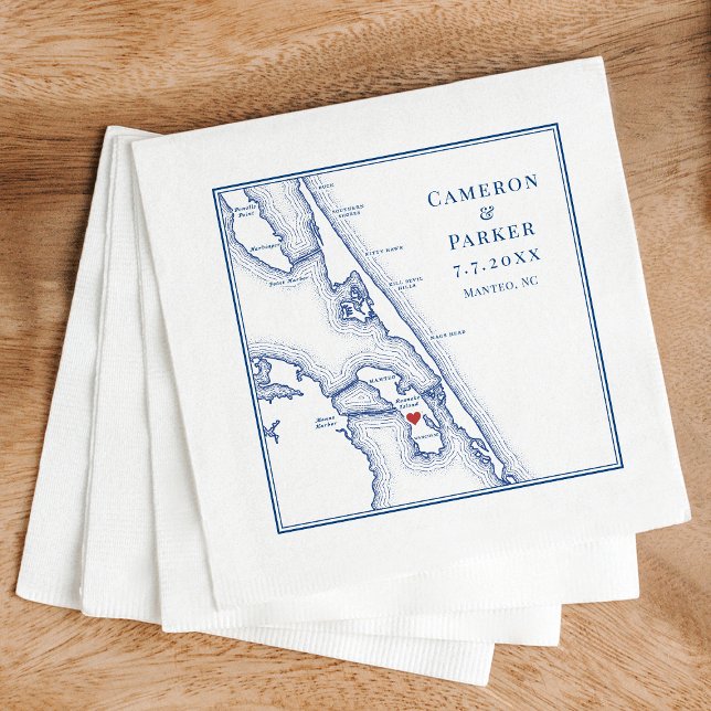Manteo NC Äußere Banken OBX Navy Elegante Hochzeit Serviette (Manteo NC custom wedding cocktail napkins with elegant navy blue Outer Banks OBX map)