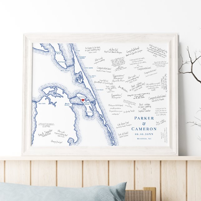Manteo NC Karte Elegant Wedding Guest Book Poster (Manteo NC map alternative wedding guest book poster with elegant navy blue Outer Banks OBX map)