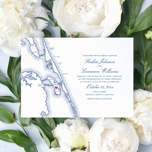 Manteo NC OBX Karte Elegante Hochzeit der Marine (Manteo North Carolina Wedding Invitation with elegant navy blue Outer Banks OBX map )
