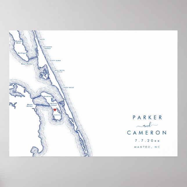 Manteo NC Wedding Map Navy Blue Gästebuchposter Poster (Vorne)