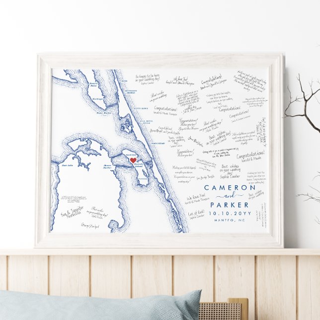Manteo NC Wedding Modern Guest Book Poster (Manteo NC alternative wedding guest book poster with elegant navy blue Outer Banks OBX map)