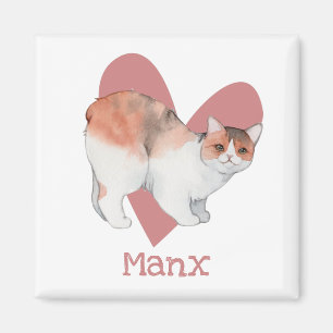 Manx Cat Watercolor Kitty Pink Herz Magnet