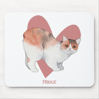 Manx Cat Watercolor Kitty Pink Herz Mousepad