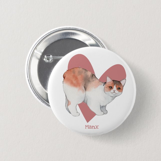 Manx Cat Watercolor Kitty Pink Herztaste Button (Vorne & Hinten)