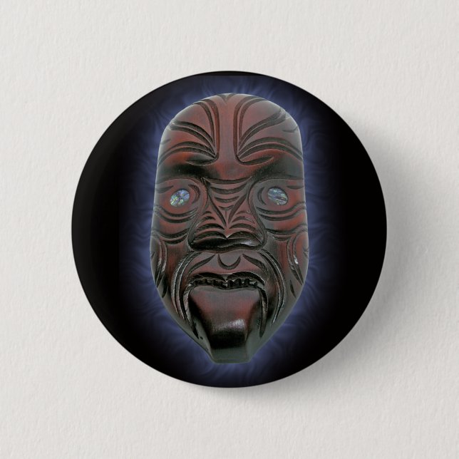 Maori- geschnitzte Maske - Knopf Button (Vorderseite)