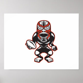 Maori Mask Rugby-Spieler mit Ball-Fending Poster