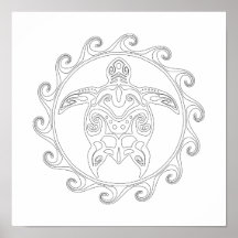 Maori Sun Tribal Turtle Adult Coloring Poster