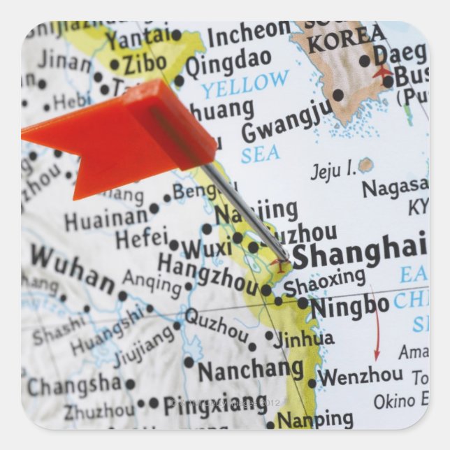 Map Button in Shanghai, China auf Karte, Quadratischer Aufkleber (Vorderseite)