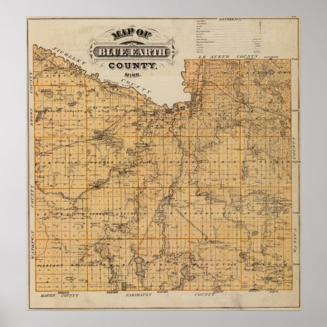 Map of Blue Earth Landkreis, Minnesota Poster (Vorne)