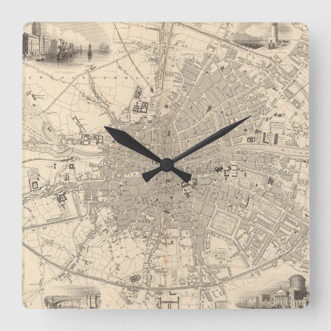 Map of Dublin, Ireland Quadratische Wanduhr (Vorderseite)