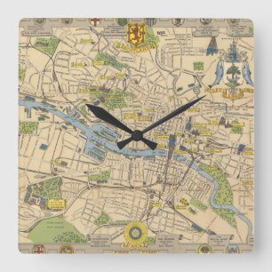 Map of Glasgow, England Quadratische Wanduhr