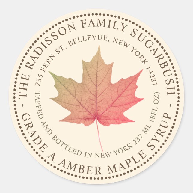 MAPLE SYRUP STAAT NAME ELABEL IVORY RUNDER AUFKLEBER (Vorderseite)