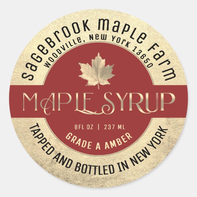 MAPLE SYRUP STAAT NAME ETIKETT GOLD & RED RUNDER AUFKLEBER (Vorderseite)