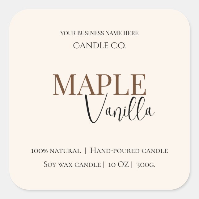 Maple Vanilla | Elegant Fall Soy Candle Label Quadratischer Aufkleber (Vorderseite)