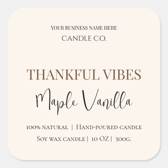 Maple Vanilla | Elegant Fall Soy Candle Label Quadratischer Aufkleber (Vorderseite)
