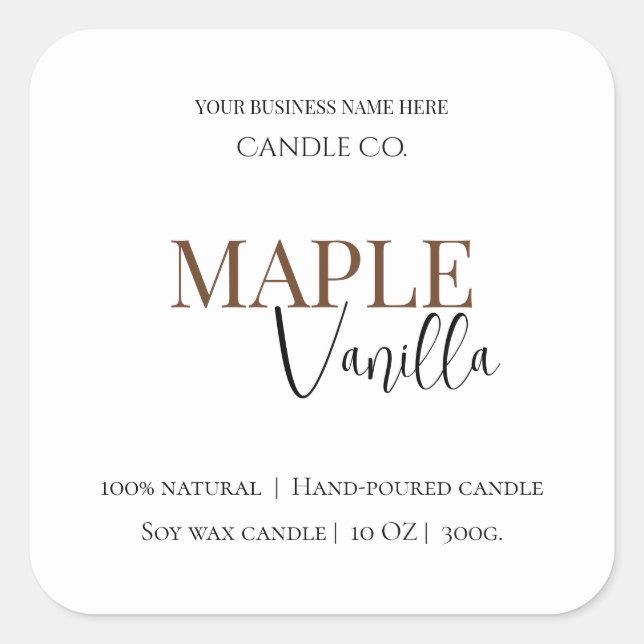 Maple Vanilla | Elegant Fall Soy Candle Label Quadratischer Aufkleber (Vorderseite)