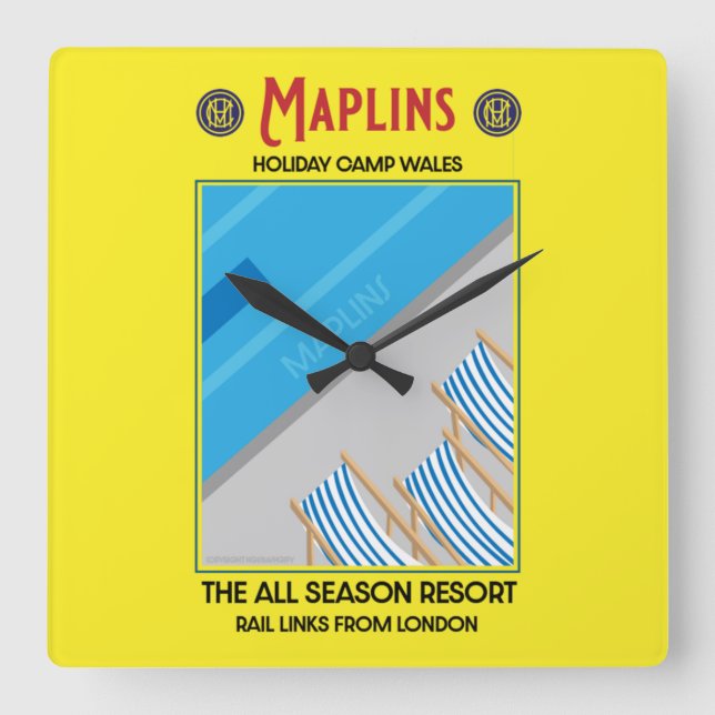 Maplins Vintage britische Feriencamps  Quadratische Wanduhr (Vorderseite)