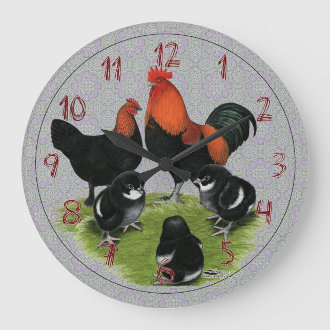 Marans Black Copper Chicken Family Große Wanduhr (Vorderseite)