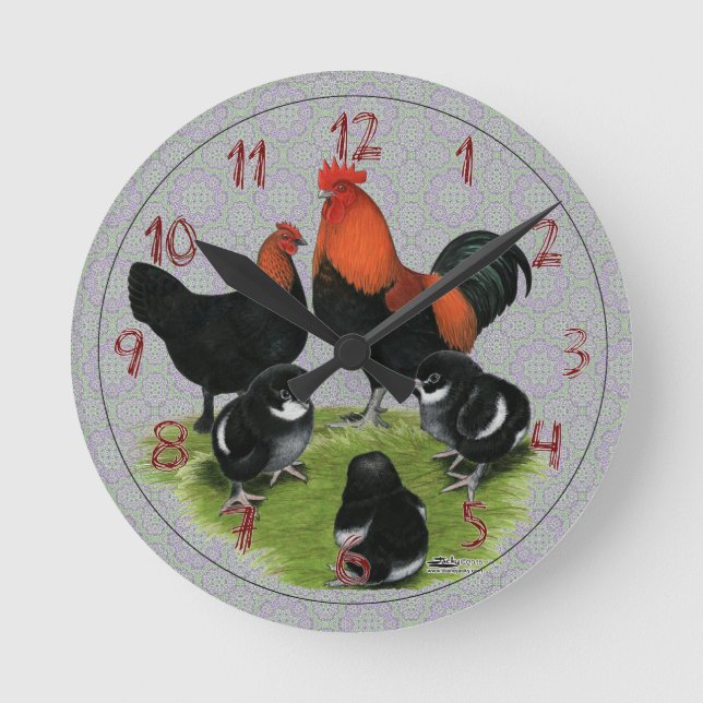 Marans Black Copper Chicken Family Runde Wanduhr (Vorderseite)