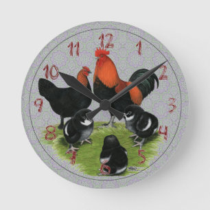 Marans Schwarz-Kupfer-Hühnchenfamilie Runde Wanduhr