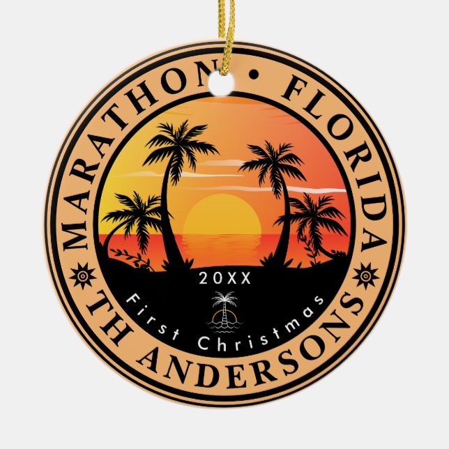 Marathon Florida Retro Sunset Palm Tree 80er Keramik Ornament (Vorne)