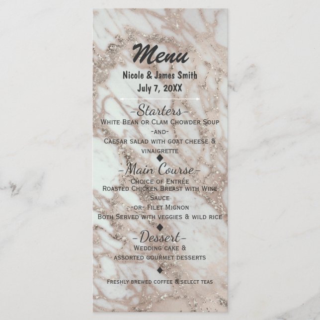 Marbella Glam Rose Rosa Gold Silver Party Menu Car Menükarte (Vorderseite)