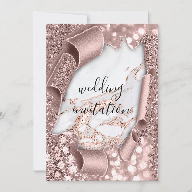 Marble 3D Rose Gold Wedding Glitzer Einladung (Vorderseite)