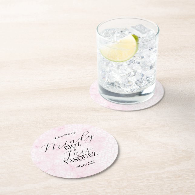 Marble Abstract Pink Wedding Script Black  Runder Pappuntersetzer (Vor Ort)