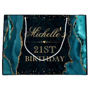 Marble Agate Birthday, aquamarin und Gold Glitzer Große Geschenktüte
