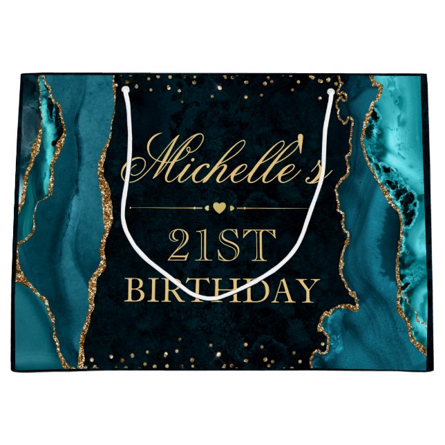 Marble Agate Birthday, aquamarin und Gold Glitzer Große Geschenktüte (Vorderseite)