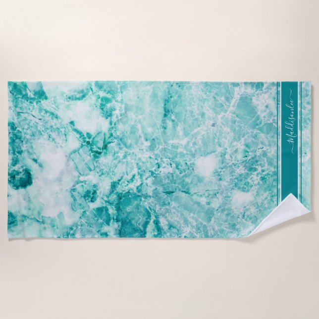 Marble Agate Custom aquamarin Crystal Monogram Nam Strandtuch (Vorderseite)