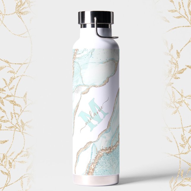 Marble Agate Geode Light Blue Gold Monogram Name Trinkflasche (Marble Agate Geode Light Blue Gold Monogram Name Water Bottle)