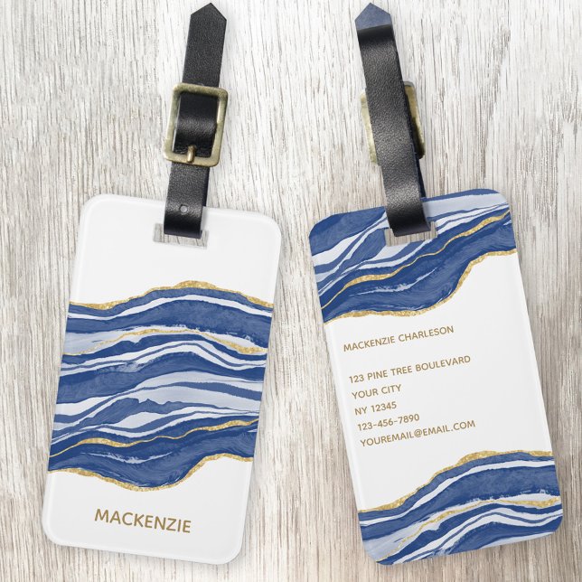 Marble Agate Gold Glitzer Gepäckanhänger (Agate marble blue and white watercolor with gold glitter effect personalized luggage tag)
