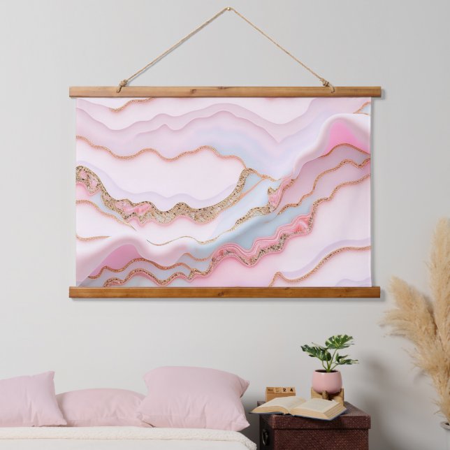 Marble Agate Modern Blue Pink Gold Collection Wandteppich Mit Holzrahmen (Schlafzimmer)