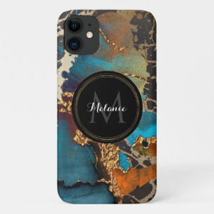 Marble Aquamarin Gold Black Watercolor Name Monogr Case-Mate iPhone Hülle