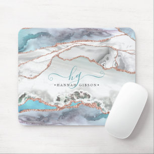 Marble Aquamarine Rose Gold Glitzer Script Monogra Mousepad