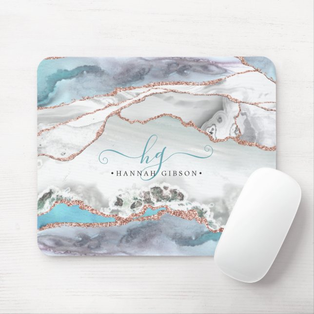 Marble Aquamarine Rose Gold Glitzer Script Monogra Mousepad (Mit Mouse)
