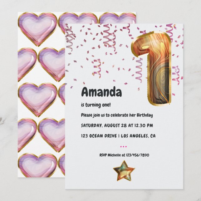 Marble Balloon 1. Geburtstagsfeier Einladung (Vorne/Hinten)