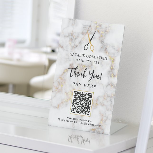 Marble Black Gold Scissor QR Code Bezahlung hier Sockelschild (Marble Black Gold Scissor QR Code Pay Here Pedestal Sign)