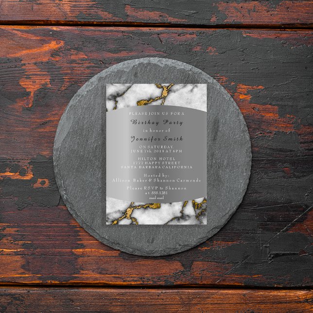 Marble Black Gold Silbergraue Veranstaltung Geburt Einladung (Marble Black Gold Silver Gray Event Birthday Party Invitation)