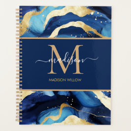 Marble Blue Gold Script Name Monogram Custom Planer