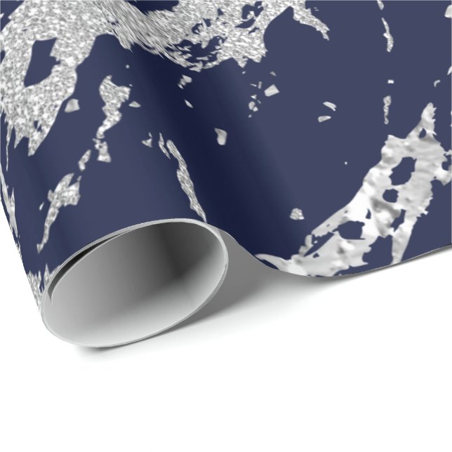 Marble Blue Navy Silver Gray Strokes Abstrakt VIP Geschenkpapier (Rolleneckpunkt)