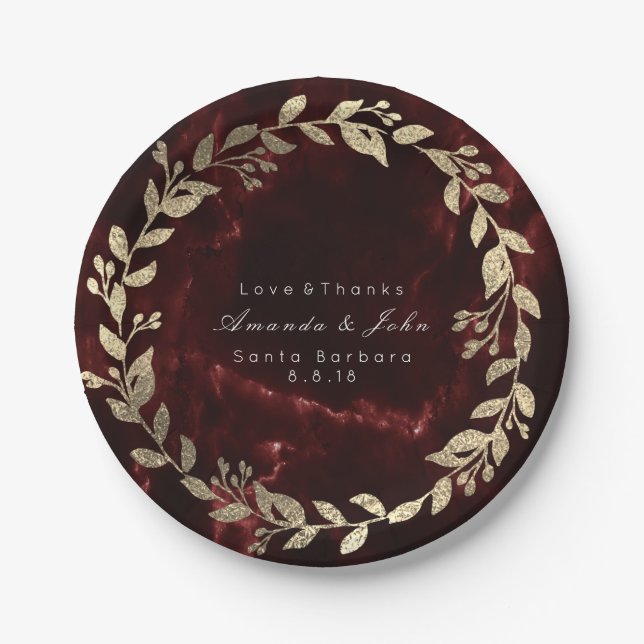 Marble Burgundy Gold Custom Floral Wreath VIP Pappteller (Vorderseite)