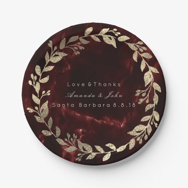 Marble Burgundy Red Gold Custom Floral Wreath Pappteller (Vorderseite)